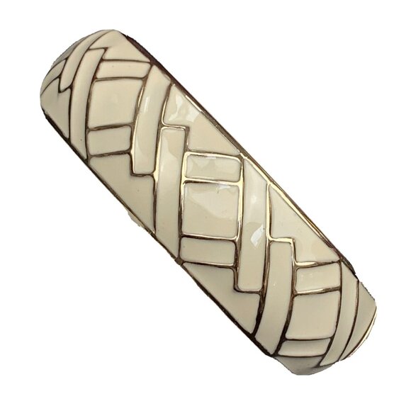 Banana Republic - Wide Enamel Hinged Cuff Bangle Bracelet | Cream & Gold Chevron - Picture 1 of 9